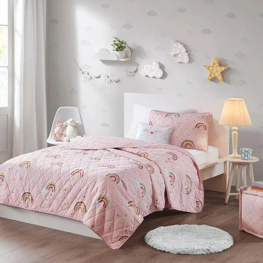 Alicia Twin Rainbow with Metallic Printed Stars Reversible Coverlet Set Pink