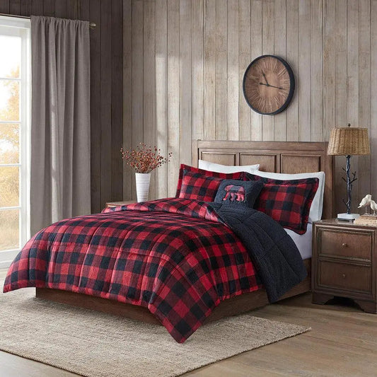 Alton Full/Queen Plush to Sherpa Down Alternative Comforter Set Red & Black Buffalo Check