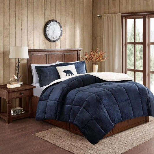 Alton Global Inspired Plush to Sherpa Down Alternative Comforter Set Navy | Ivory Twin