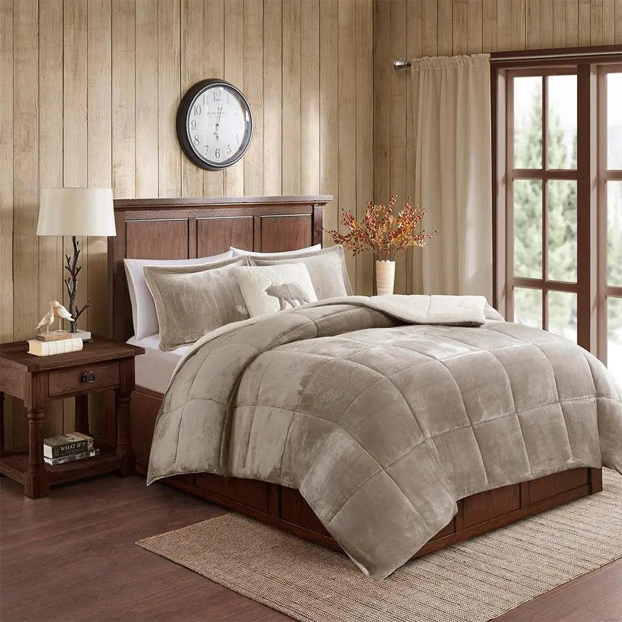 Alton King Plush to Sherpa Down Alternative Comforter Set Taupe & Ivory