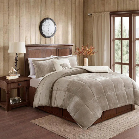Alton King Plush to Sherpa Down Alternative Comforter Set Taupe & Ivory