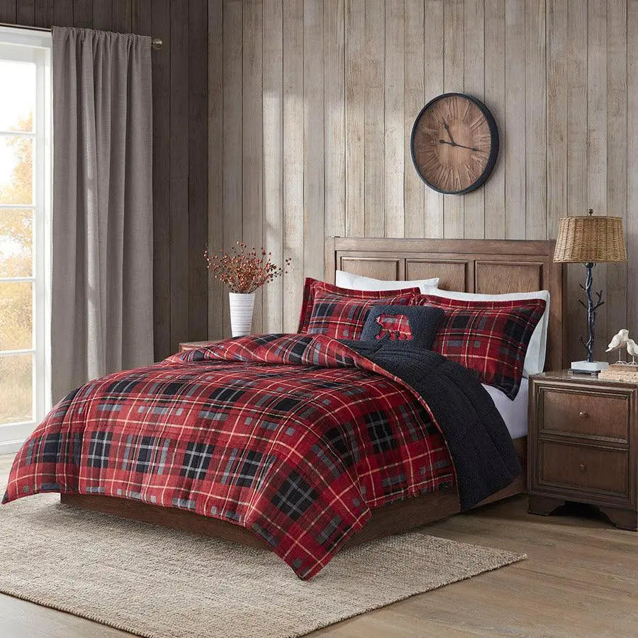Alton King Plush to Sherpa Down Alternative Lodge & Cabin Comforter Set Red Plaid