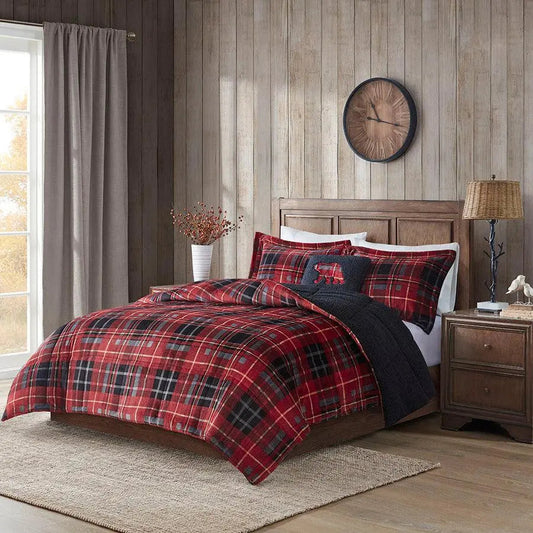 Alton King Plush to Sherpa Down Alternative Lodge & Cabin Comforter Set Red Plaid