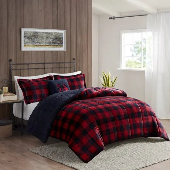 Plush to Sherpa Down Alternative Comforter Set Red/Black Buffalo Check Twin