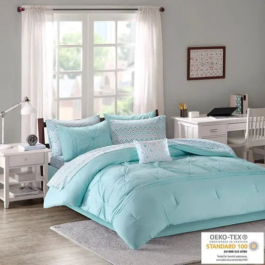 Embroidered Comforter Set with Bed Sheets Aqua Twin XL