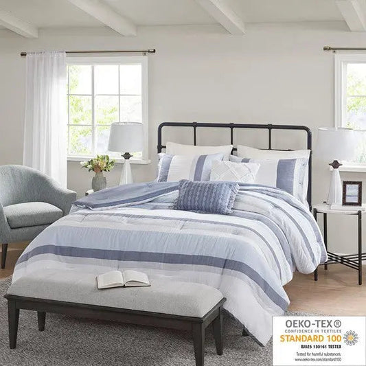 5 Piece Jacquard Comforter Set Blue Full/Queen