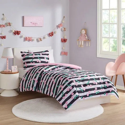 Cherries Printed Comforter Set Pink/Black Twin