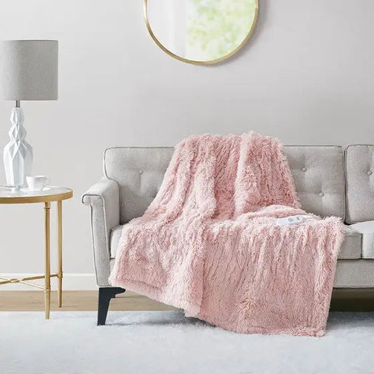 Shaggy Faux Fur Heated Throw Blush