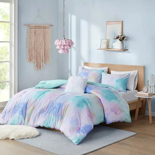 Watercolor Tie Dye Printed Comforter Set with Throw Pillow Aqua Full/Queen