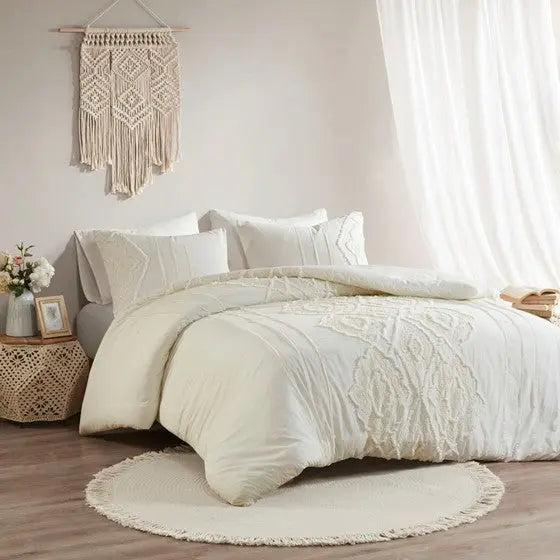 3 Piece Cotton Comforter Set Off-White Full/Queen