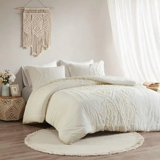 3 Piece Cotton Comforter Set Off-White Full/Queen