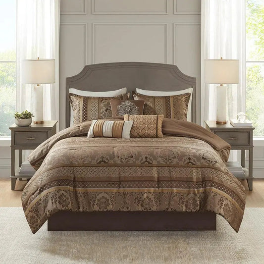 Bellagio California King 7 Piece Jacquard Comforter Set Brown & Gold
