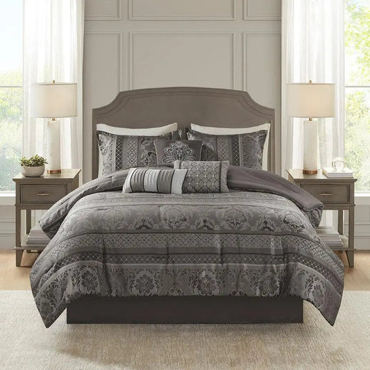 Bellagio California King 7 Piece Traditional Jacquard Comforter Set Gray