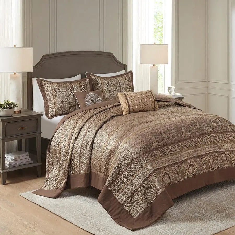 Bellagio King 5 Piece Reversible Jacquard Bedspread Set Brown & Gold