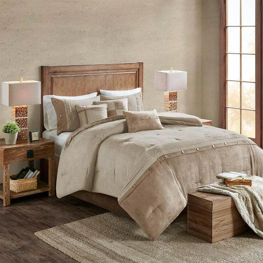 Boone Casual 7 Piece Faux Suede Comforter Set Tan Queen
