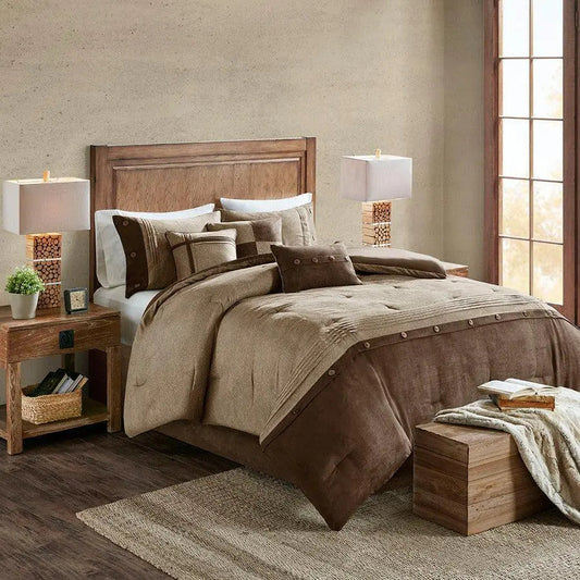 Boone Glam 7 Piece Faux Suede Comforter Set Brown Cal King