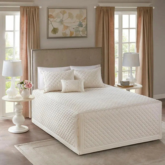 Breanna King 4 Piece Cotton Reversible Tailored Bedspread Set Ivory