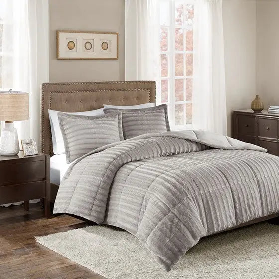 Faux Fur Comforter Mini Set Grey Cal King