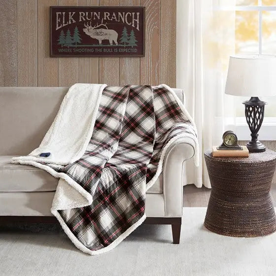 Oversized Plaid Print Faux Mink to Berber Heated Throw Black
