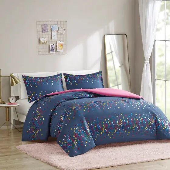 Rainbow Iridescent Metallic Dot Comforter Set Navy Twin XL