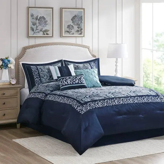 7 Piece Jacquard Comforter Set Navy Queen