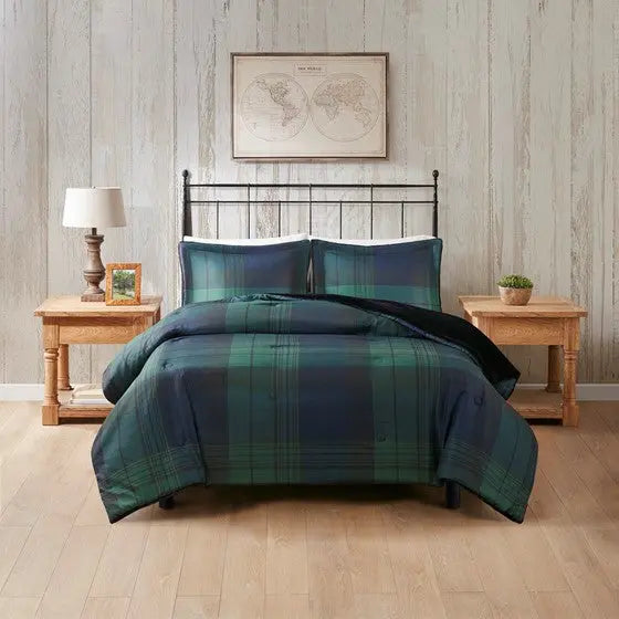Faux Wool to Faux Fur Down Alternative Comforter Set Green Plaid Twin XL