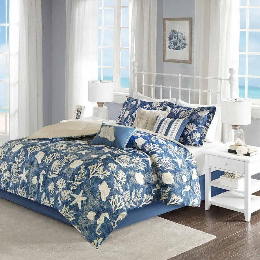 Cape Cod 7 Piece Cotton Sateen Comforter Set Blue Queen