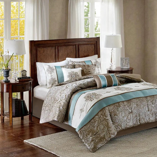 Caroline Cottage Jacquard 7 Piece Comforter Set Blue Cal King