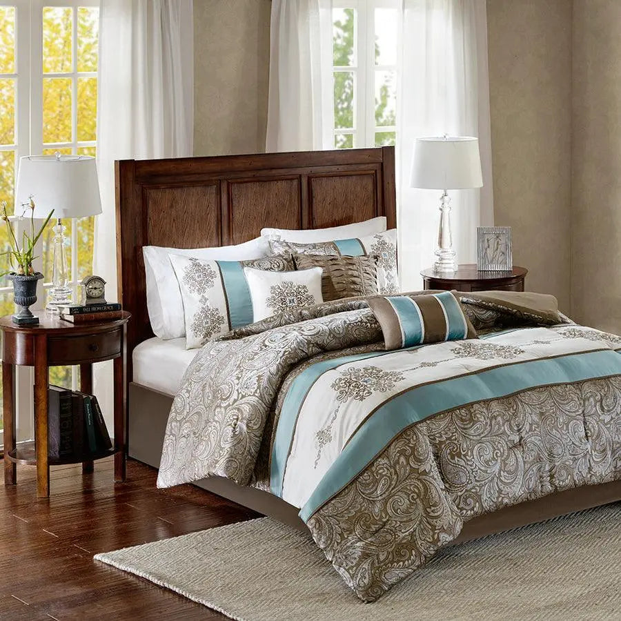Caroline Jacquard 7 Piece Comforter Set Blue Queen