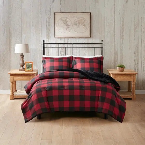 Faux Wool to Faux Fur Down Alternative Comforter Set Red Buffalo Check Full/Queen