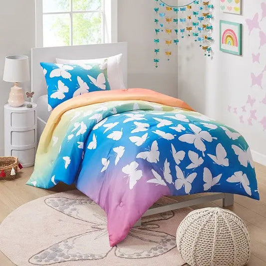 Rainbow and Butterfly Comforter Set Blue/Purple Full/Queen