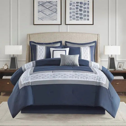 8 Piece Embroidered Comforter Set Navy Cal King