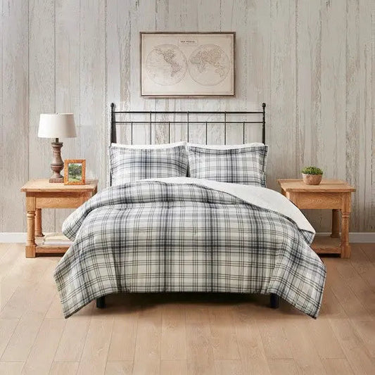 Faux Wool to Faux Fur Down Alternative Comforter Set Gray Plaid Full/Queen