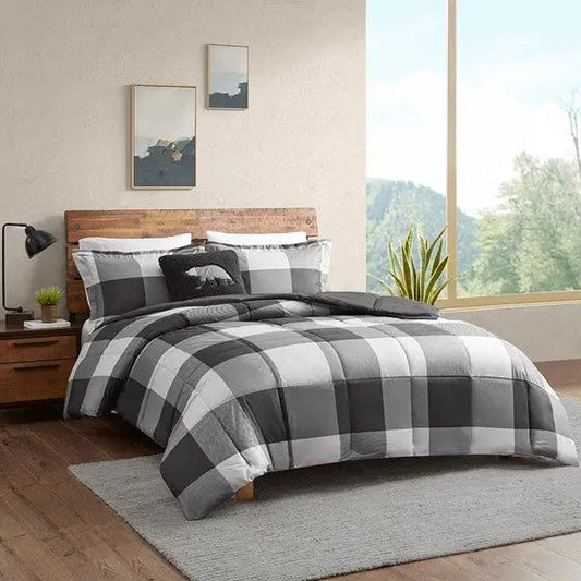 Down Alternative Comforter Set Grey/Black Buffalo Check Full/Queen