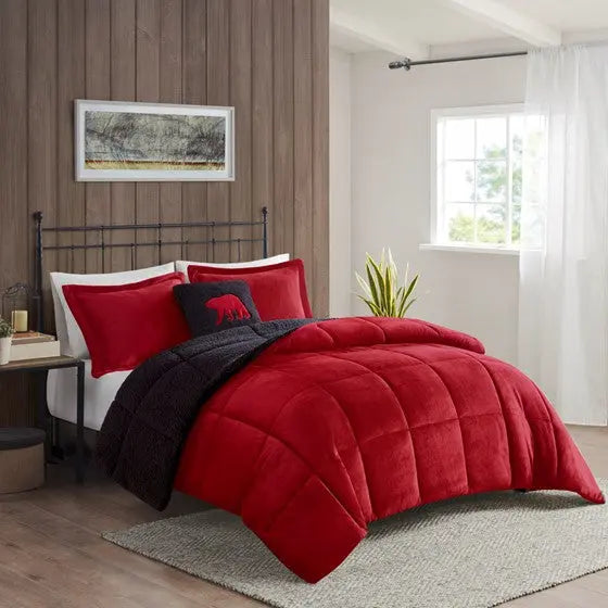 Plush to Sherpa Down Alternative Comforter Set Red/Black King
