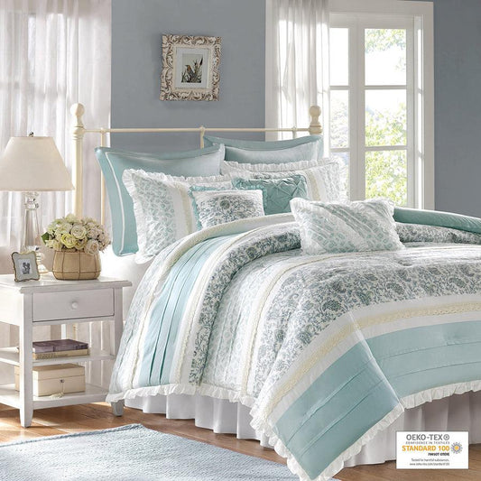 Dawn 9 Piece 20 " W Cotton Percale Comforter Set Blue Queen