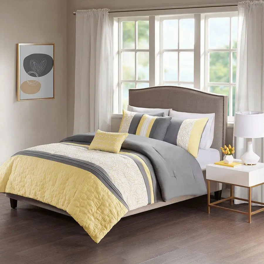 Donnell 26 " W Embroidered 5 Piece Comforter Set Yellow & Gray Full/Queen