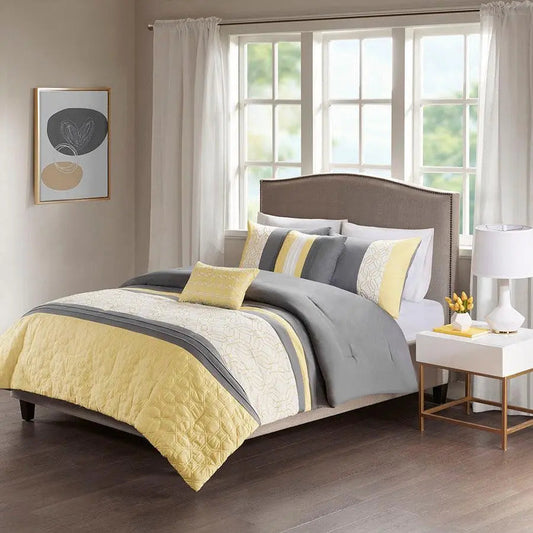 Donnell 26 " W Embroidered 5 Piece Comforter Set Yellow & Gray Full/Queen