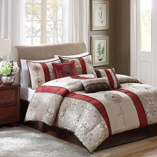 Donovan California King 7 Piece Traditional Jacquard Comforter Set Red
