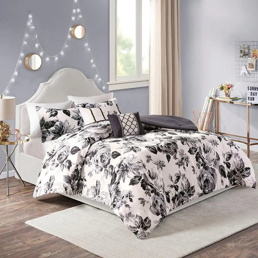 Dorsey Floral Print Comforter Set Black & White Twin/Twin XL
