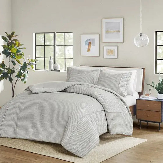 3 Piece Striped Seersucker Oversized Comforter Set Gray Cal King