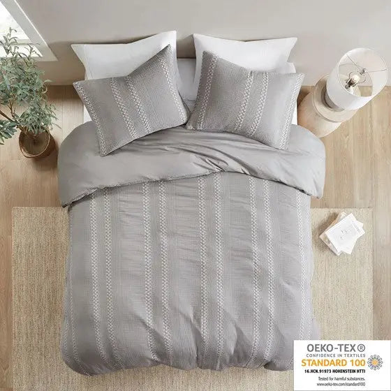 3 Piece Cotton Gauze Waffle Weave Comforter Set Grey Full/Queen