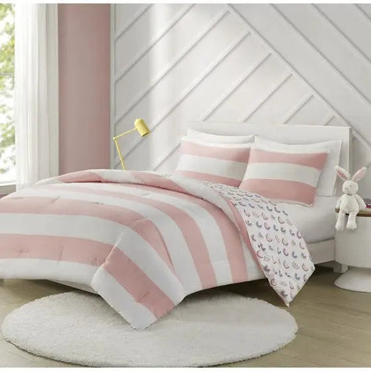 Cotton Cabana Stripe Reversible Comforter Set with Rainbow Reverse Pink Full/Queen
