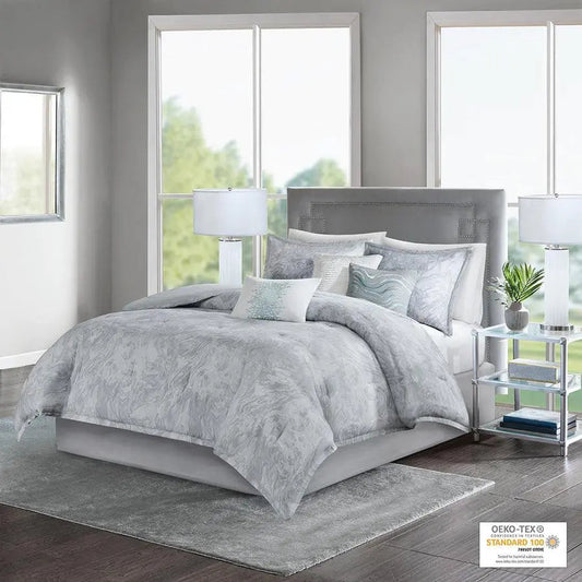 Emory 7 Piece Cotton Sateen Comforter Set Gray Queen