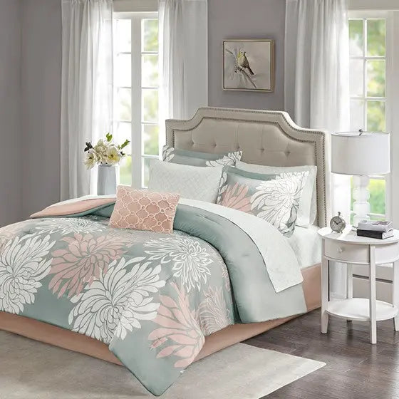 7 Piece Comforter Set with Cotton Bed Sheets Blush/Grey Twin