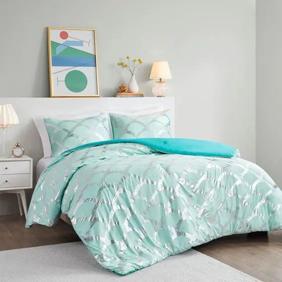Metallic Printed Comforter and Sham Set Aqua Twin XL