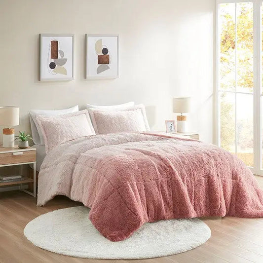 Ombre Shaggy Long Fur Comforter Mini Set Blush Full/Queen