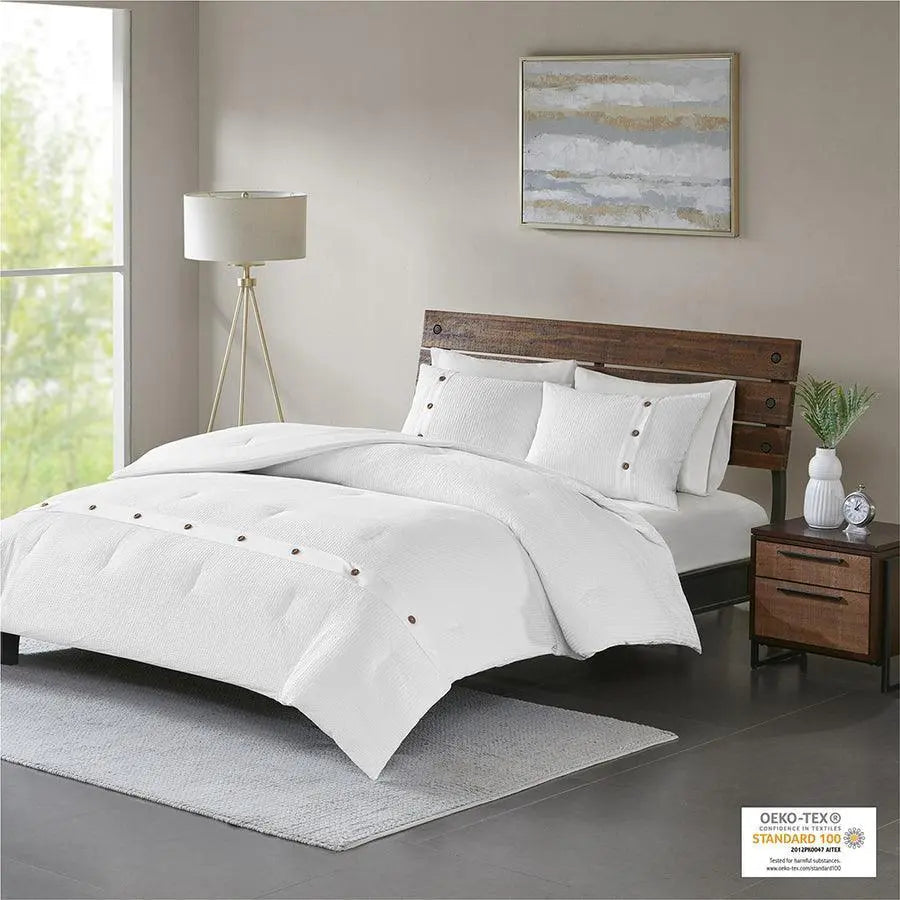 Finley Casual| 3 Piece Cotton Waffle Weave Comforter Set White Full/Queen