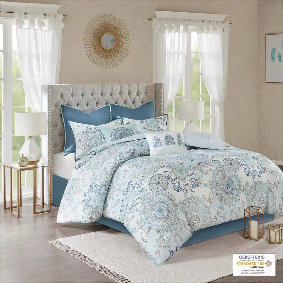 Isla 8 Piece Cotton 26 " W Printed Reversible Comforter Set Blue Queen