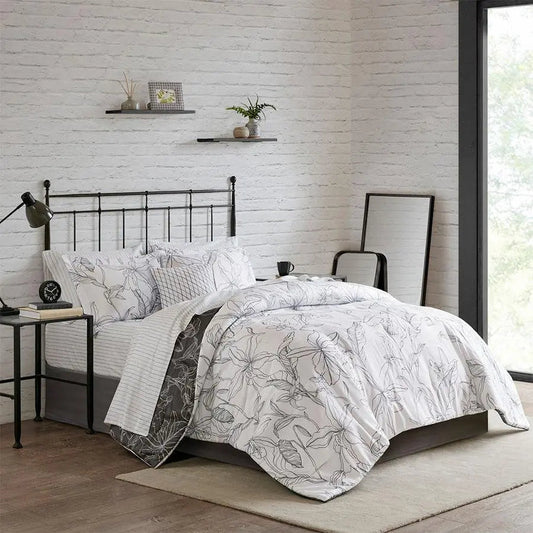 Lilia Transitional Reversible Complete bedding set with Cotton Sheet White | Charcoal King